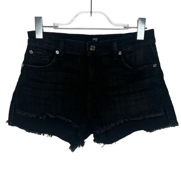 7 FOR ALL MANKIND Cut-Off Jean Shorts Mid Rise Frayed Hem Denim Black Size 24 - Picture 2 of 8